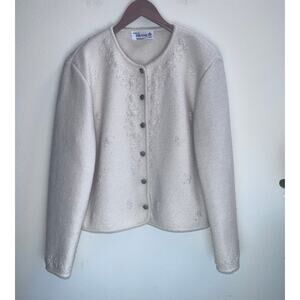 Vintage DEANS of Scotland Boiled Wool Embroidered Cardigan Sweater Cram Large